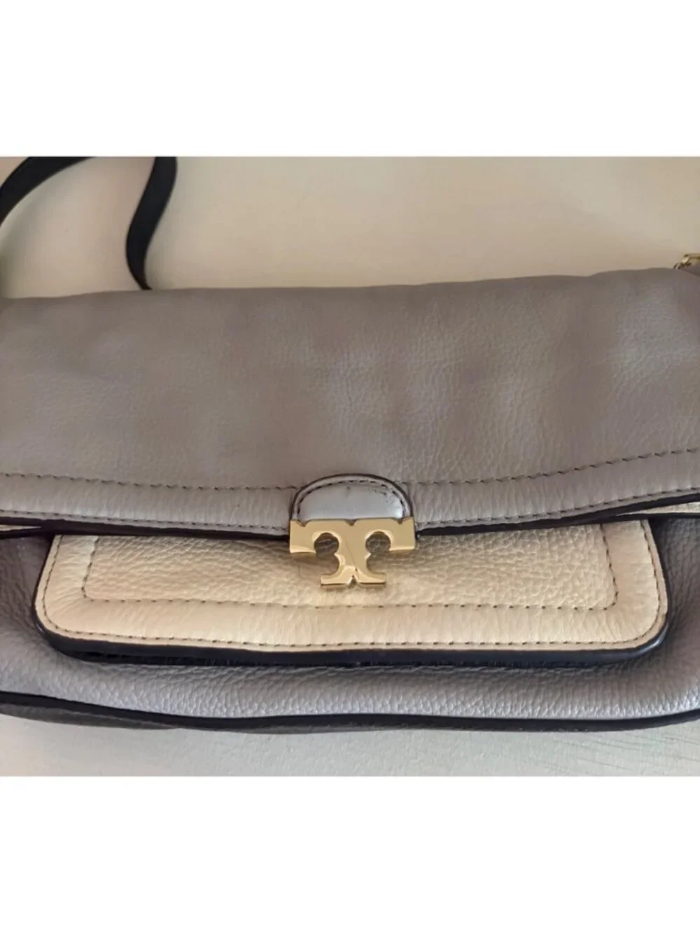 Tory Burch Fold-Over Sammy Multi-Colored Leather Crossbody Bag Gray Cream